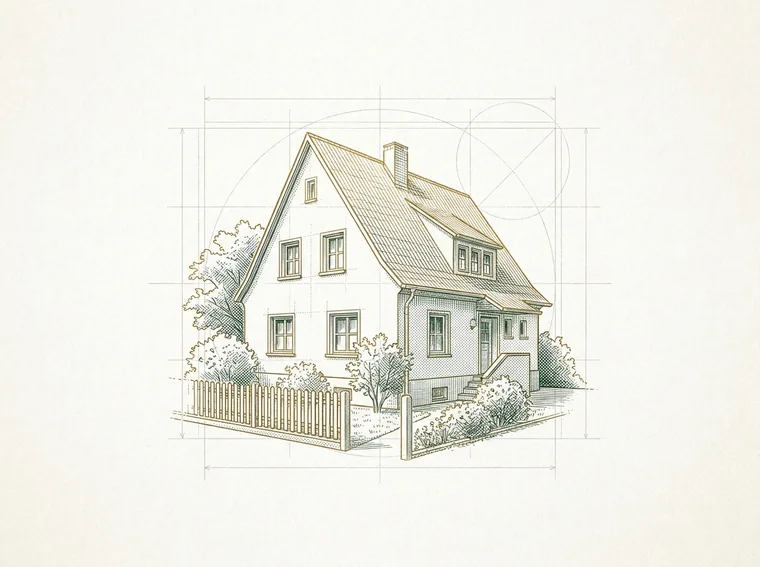 Kupferstich-Illustration eines Einfamilienhauses mit Bauplan-Raster, Symbol für den Immobilienkredit